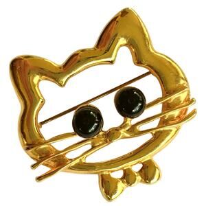 Vintage 80s Gold Tone Cat Brooch Whimsical Novelty Black Eye Costume Animal Pin